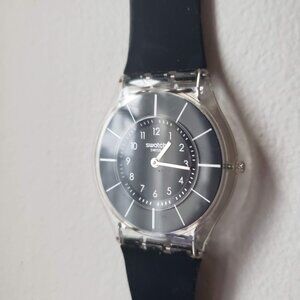 Rare Vintage Swatch Watch Ultra Slim Design Clear Face Black Rubber Straps 1990s